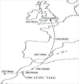 The trajectory calculated from a series of 500mbar charts, back platted from Oxford at 1800 GMT on the 9th.