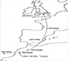 The Trajectory calculated from a series of 500mbar charts, back platted from Oxford at 1800 GMT on the 9th