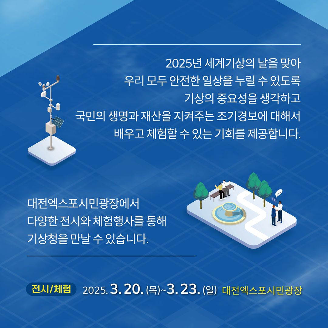 2025년 세계기상의 날을 맞아 우리 모두 안전한 일상으르 누릴 수 있도록 기상의 중요성을 생각하고 국민의 생명과 재산을 지켜주는 조기경보에 대해서 배우고 체험할 수 있는 기회를 제공합니다. 대전엑스포시민광장에서 다양한 전시와 체험행사를 통해 기상청을 만날 수 있습니다. 전시/체험 2025.3.20.(목)~3.23.(일) 대전엑스포시민광장