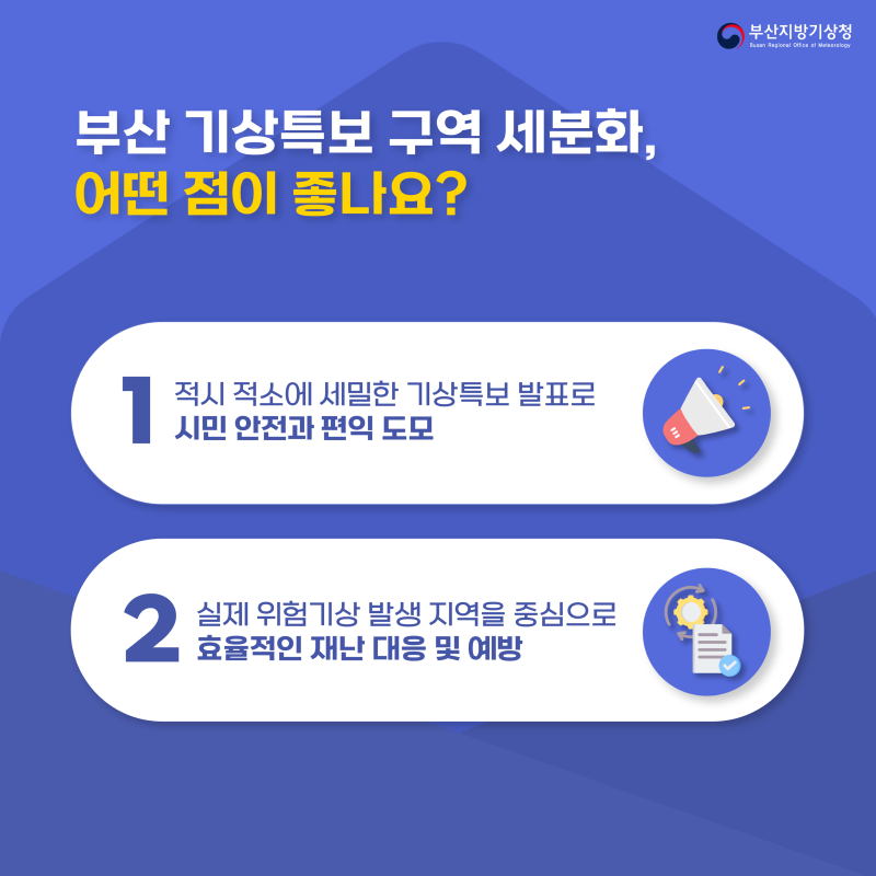 특보구역이 세분화되면 어떤 점이 좋나요? 첫째, 적시 적소에 세밀한 기상특보 발표로 시민 안전과 편익을 도모할 수 있게 됩니다 둘째, 실제 위험기상 발생 지역을 중심으로 효율적인 재난 대응 및 예방이 가능해집니다.