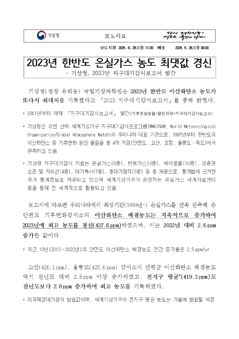 2023년 한반도 온실가스 농도 최댓값 경신