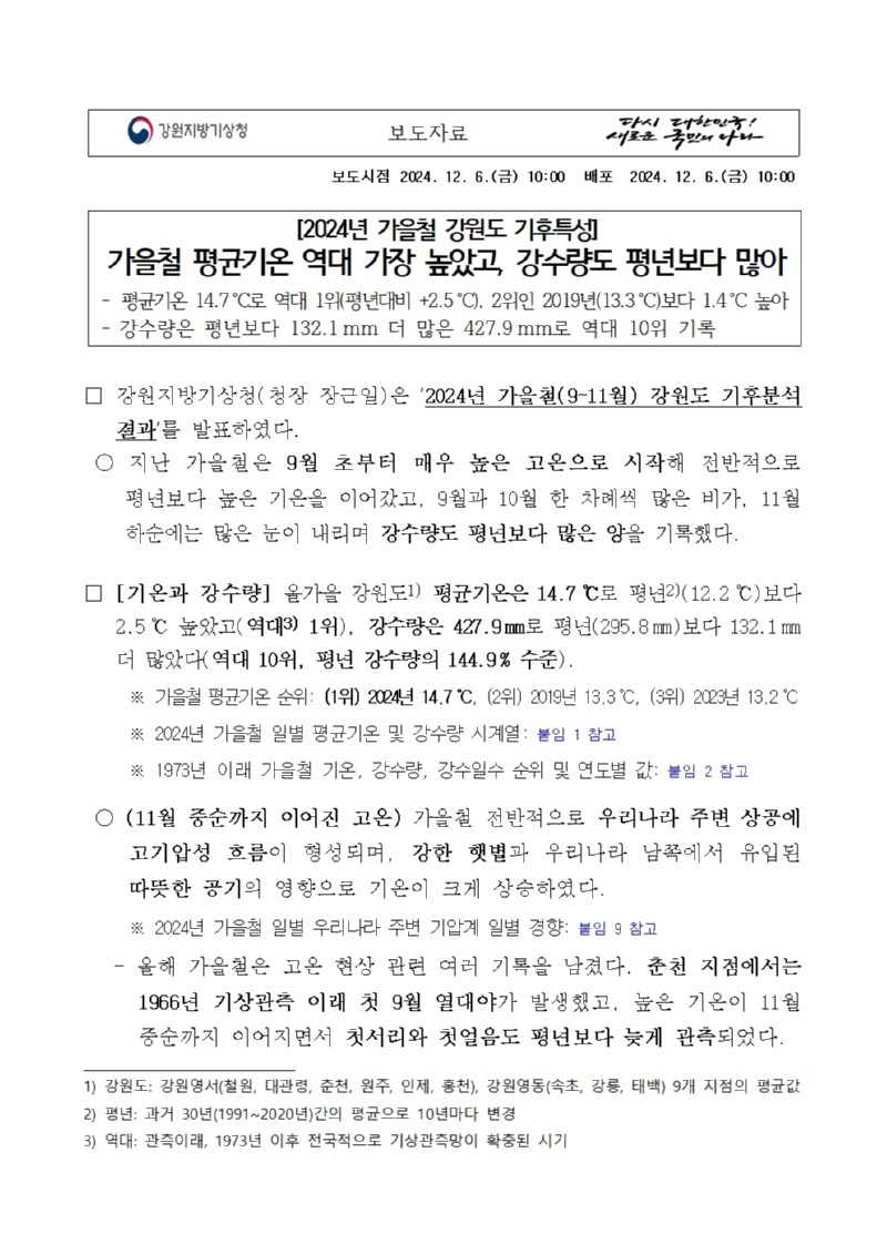 2024년 가을철 강원도 기후특성은 평균기온이 역대 가장 높았고, 강수량도 평년보다 많았다는 보도자료 첫페이지 캡처본 이미지